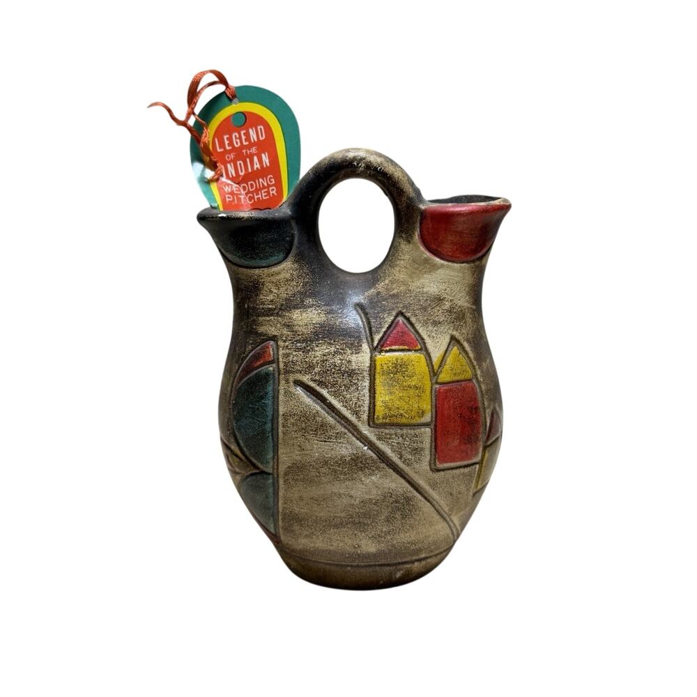 VTG Southwestern Wedding Vase Double Spout Pottery Pitcher Tribal Mid Century